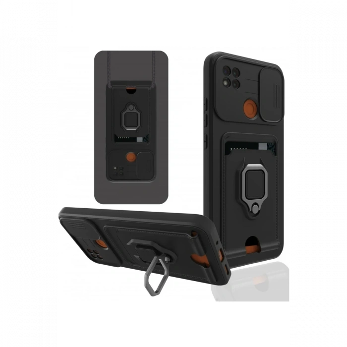 Mey İthalat®   Redmi 9C Kılıf Zuma Kartvizitli Yüzüklü Silikon - Siyah