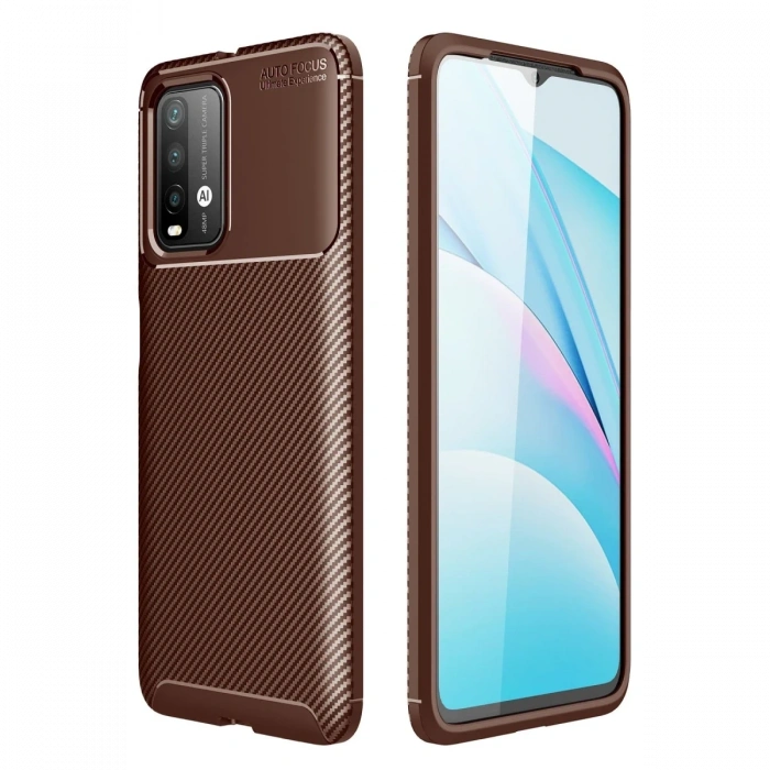 Mey İthalat®   Redmi 9T Kılıf Auto Focus Karbon Kapak - Kahverengi