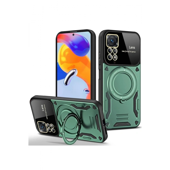 Mey İthalat®   Redmi Note 11 Pro Kılıf Joy Lens Standlı Kapak - Koyu Yeşil