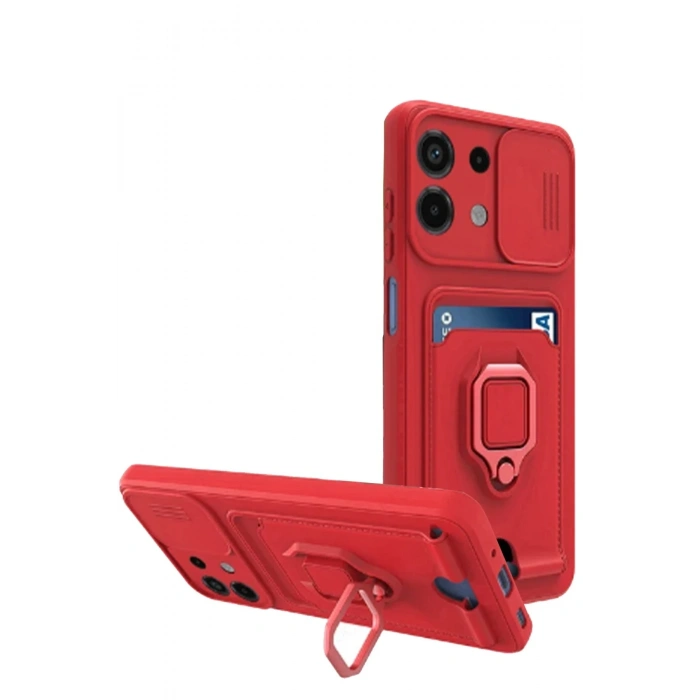 Mey İthalat®   Redmi Note 13 4G Kılıf Zuma Kartvizitli Yüzüklü Silikon - Kırmızı