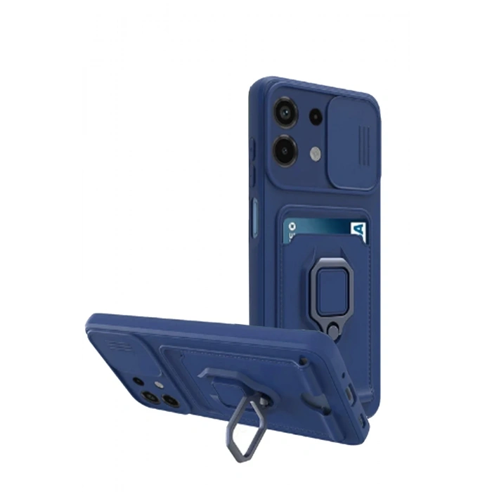 Mey İthalat®   Redmi Note 13 4G Kılıf Zuma Kartvizitli Yüzüklü Silikon - Lacivert