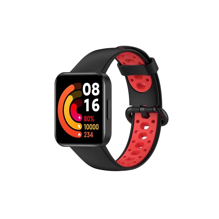 Mey İthalat®   Redmi Watch 2 Spor Delikli Kordon - Siyah-Kırmızı