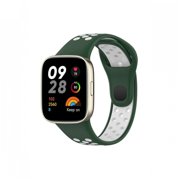 Mey İthalat®   Redmi Watch 3 Spor Delikli Kordon - Haki Yeşil-Beyaz