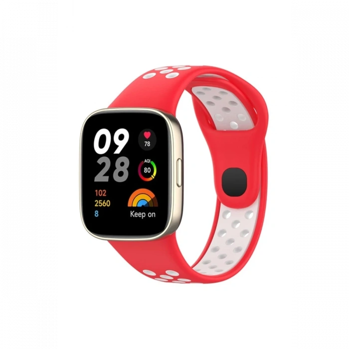 Mey İthalat®   Redmi Watch 3 Spor Delikli Kordon - Kırmızı-Beyaz