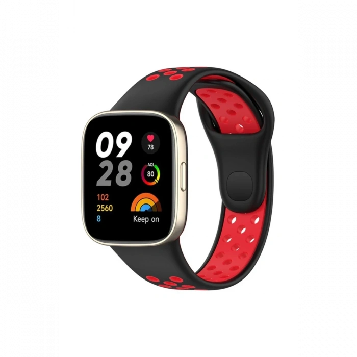 Mey İthalat®   Redmi Watch 3 Spor Delikli Kordon - Siyah-Kırmızı