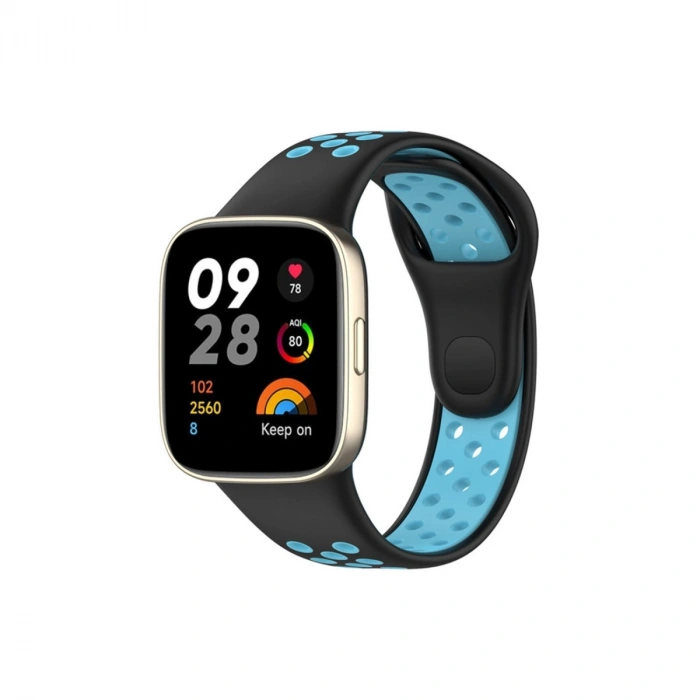 Mey İthalat®   Redmi Watch 3 Spor Delikli Kordon - Siyah-Mavi