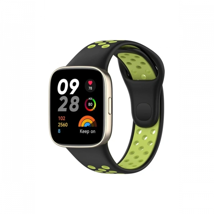 Mey İthalat®   Redmi Watch 3 Spor Delikli Kordon - Siyah-Yeşil