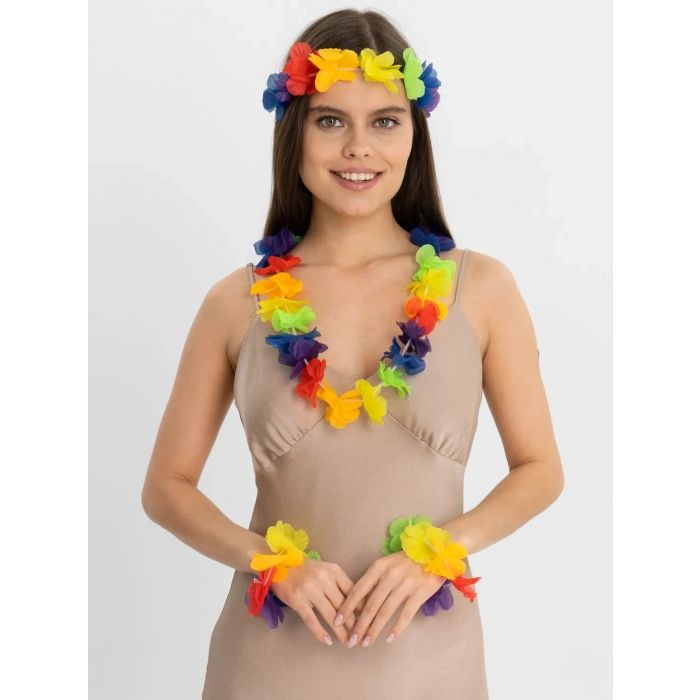 Mey İthalat® Rengarenk Hawaii Kolye Taç Bileklik Seti 4 Parça