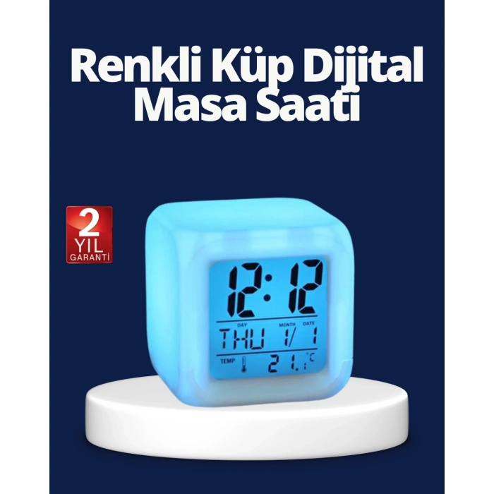 Mey İthalat® Renk Değiştiren LED Alarmlı Dijital Küp Masa Saati