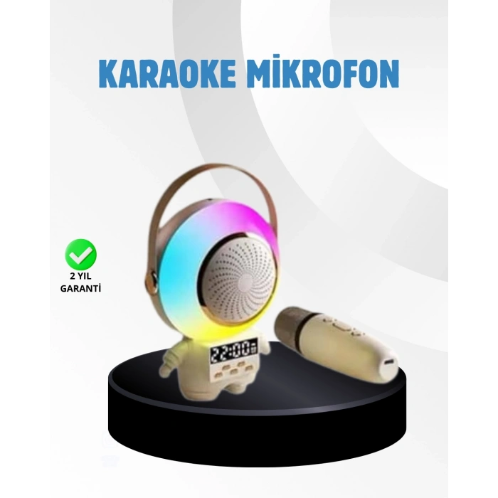 Mey İthalat® Renkli Işıklı Astronot Mini Bluetooth Speaker ve Karaoke Mikrofon