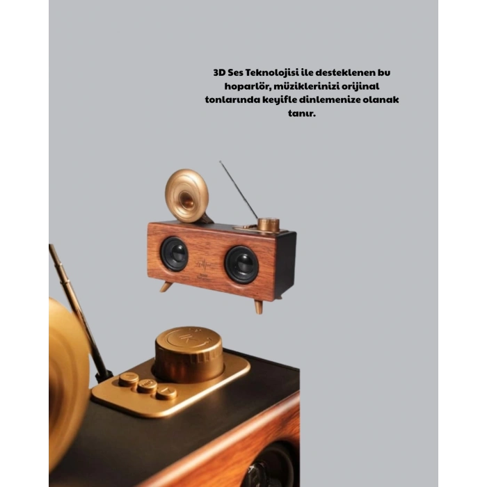 Mey İthalat® Retro Gramofon Tasarımlı Bluetooth Hoparlör – 3D Stereo Ses, 1800 mAh Batarya