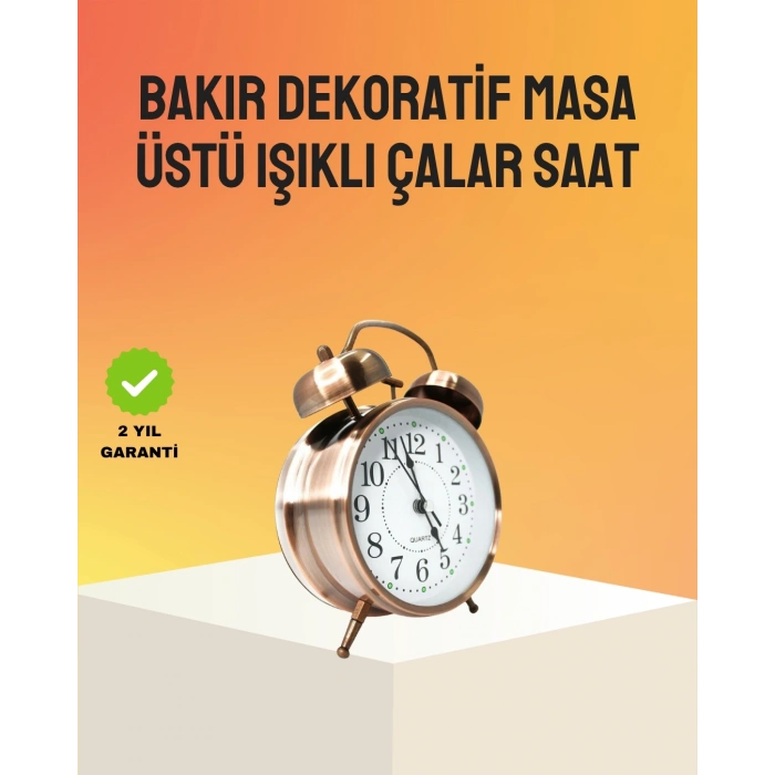Mey İthalat® Retro Tarz Bronz Dekoratif Masa Saati Metal Gövde Yüksek Sesli Alarm