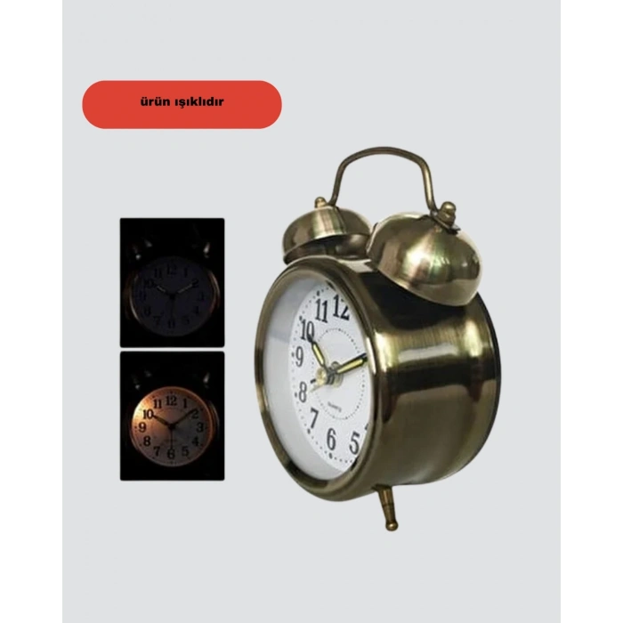 Mey İthalat® Retro Tarz Bronz Dekoratif Masa Saati Metal Gövde Yüksek Sesli Alarm