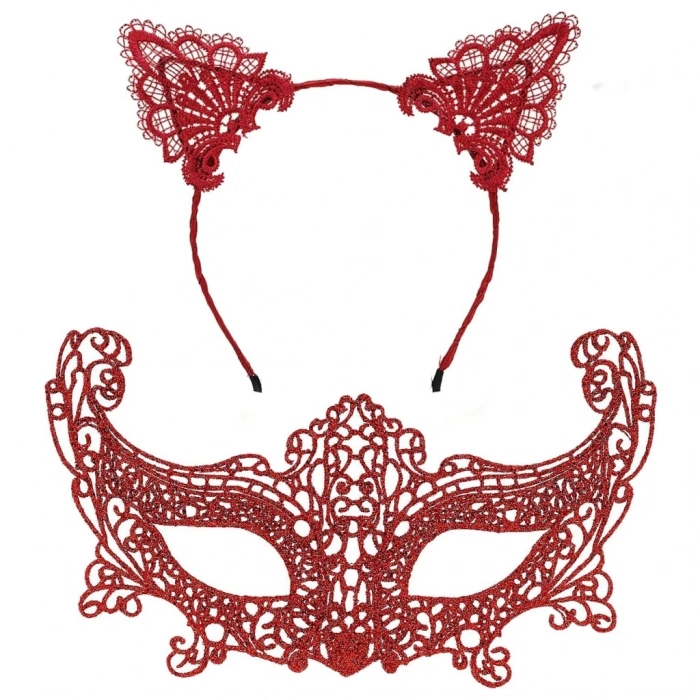 Mey İthalat® Romantik Kırmızı Dantel Maske Seti – Kedi Kulaklı Taç ve Maske 3 No