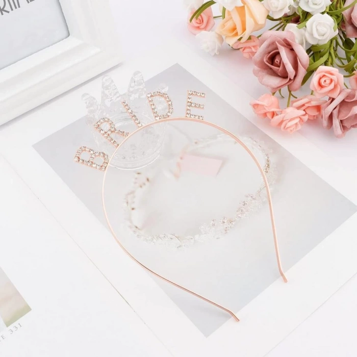Mey İthalat® Rose Gold Renk Bekarlığa Veda Kristal Taş Bride Tacı İthal 16x10 cm