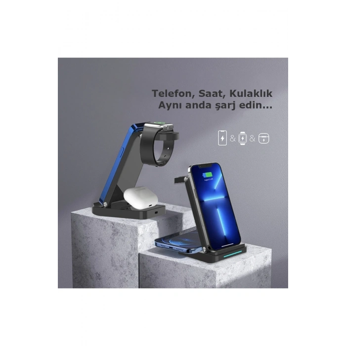 Mey İthalat®  S90 4in1 Kablosuz Şarj Masaüstü Set - Siyah
