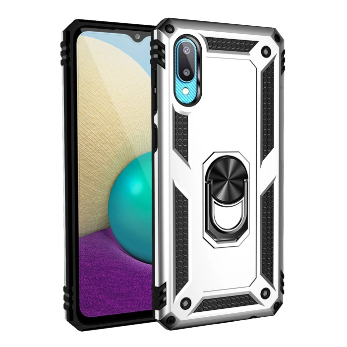 Mey İthalat®  Samsung Galaxy A02 Kılıf Sofya Yüzüklü Silikon Kapak - Gümüş