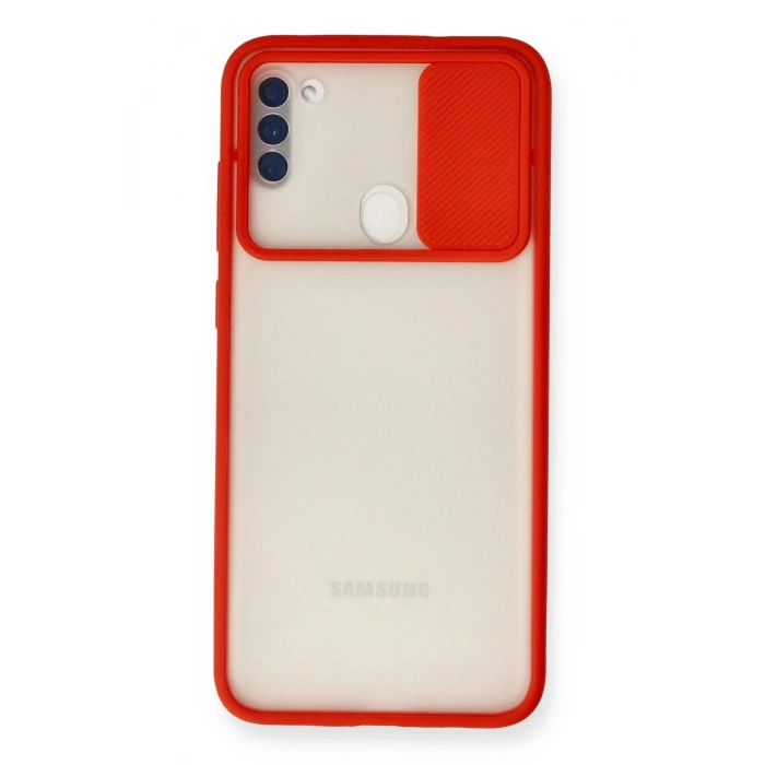Mey İthalat®  Samsung Galaxy A11 Kılıf Palm Buzlu Kamera Sürgülü Silikon - Kırmızı