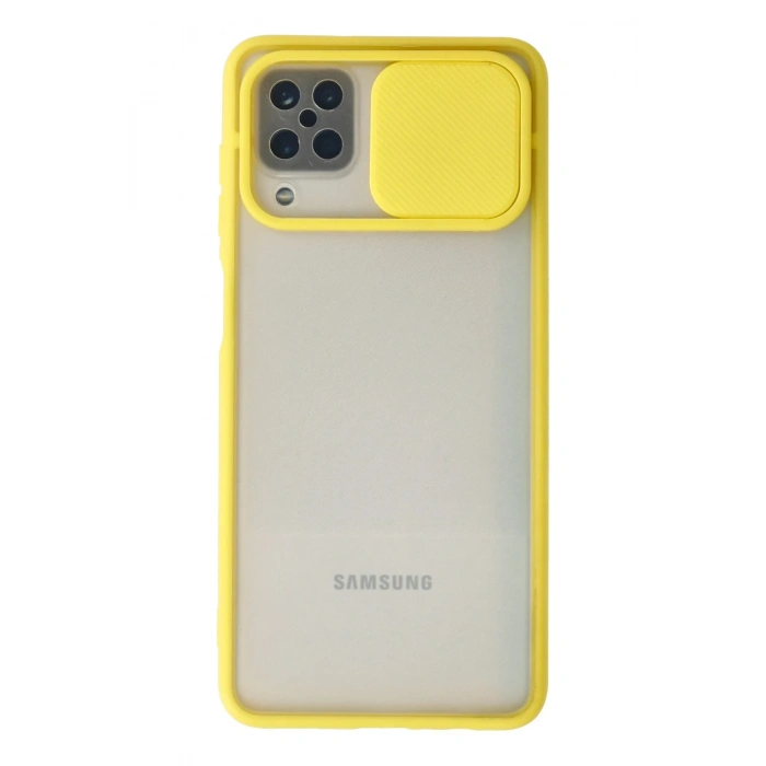 Mey İthalat®  Samsung Galaxy A12 Kılıf Palm Buzlu Kamera Sürgülü Silikon - Sarı