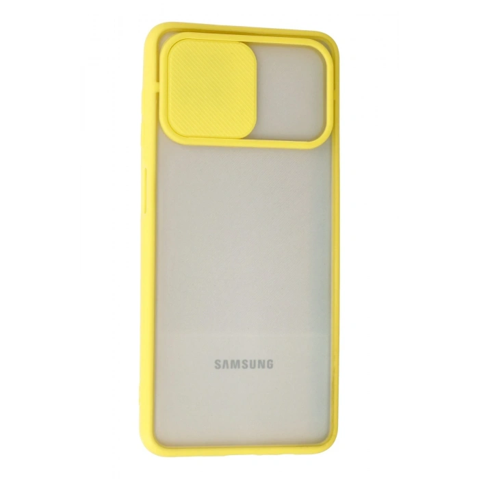 Mey İthalat®  Samsung Galaxy A12 Kılıf Palm Buzlu Kamera Sürgülü Silikon - Sarı