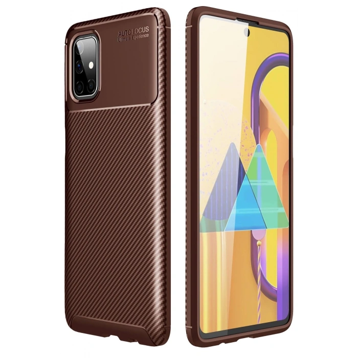 Mey İthalat®  Samsung Galaxy M51 Kılıf Auto Focus Karbon Kapak - Kahverengi