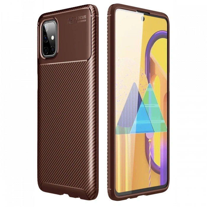 Mey İthalat®  Samsung Galaxy M51 Kılıf Auto Focus Karbon Kapak - Kahverengi