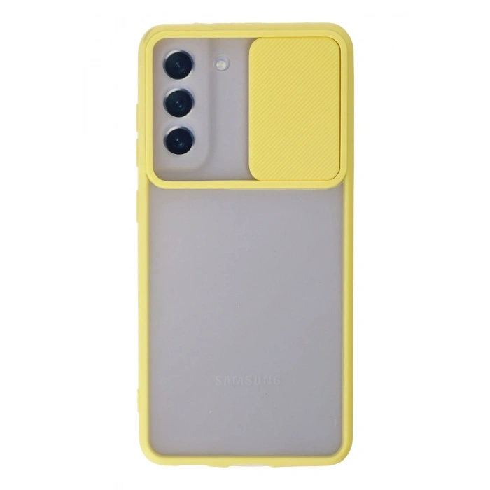 Mey İthalat®  Samsung Galaxy S21 FE Kılıf Palm Buzlu Kamera Sürgülü Silikon - Sarı