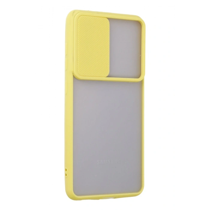 Mey İthalat®  Samsung Galaxy S21 FE Kılıf Palm Buzlu Kamera Sürgülü Silikon - Sarı