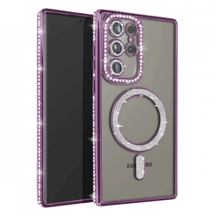 Mey İthalat®  Samsung Galaxy S23 Ultra Joke Simli Magneticsafe Kılıf - Derin Mor