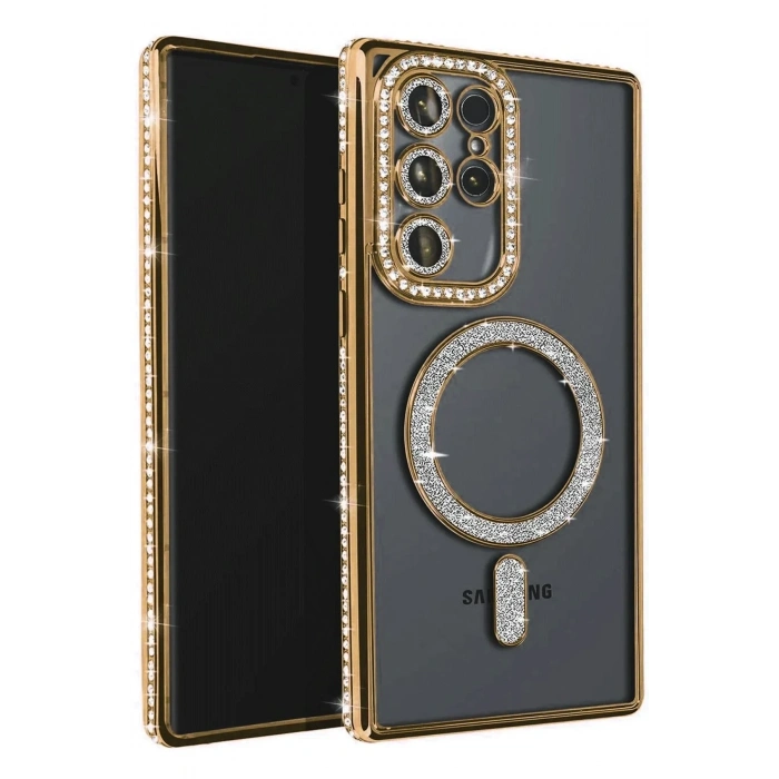 Mey İthalat®  Samsung Galaxy S23 Ultra Joke Simli Magneticsafe Kılıf - Gold