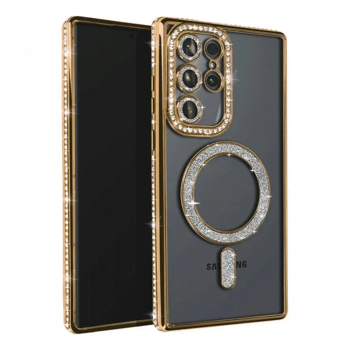 Mey İthalat®  Samsung Galaxy S23 Ultra Joke Simli Magneticsafe Kılıf - Gold