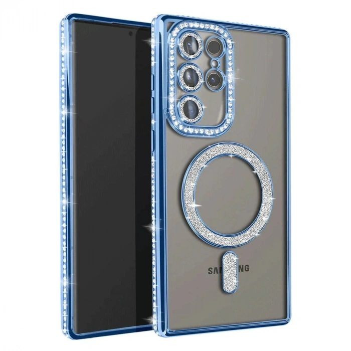 Mey İthalat®  Samsung Galaxy S23 Ultra Joke Simli Magneticsafe Kılıf - Mavi