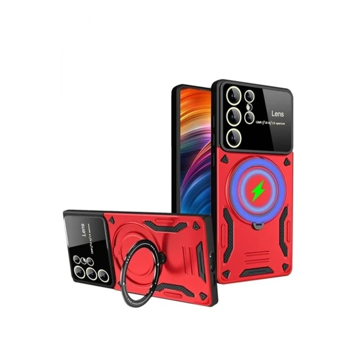 Mey İthalat®  Samsung Galaxy S24 Ultra Kılıf Joy Lens Standlı Kapak - Kırmızı