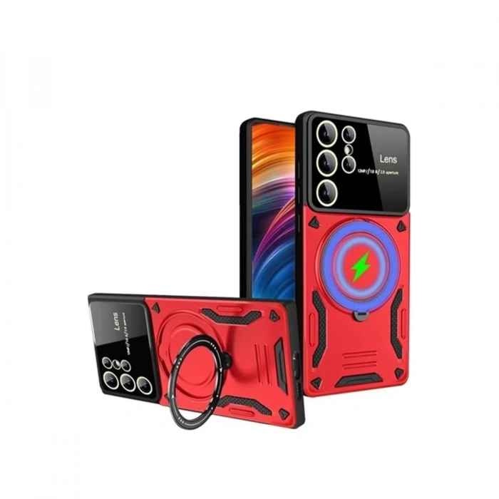 Mey İthalat®  Samsung Galaxy S24 Ultra Kılıf Joy Lens Standlı Kapak - Kırmızı