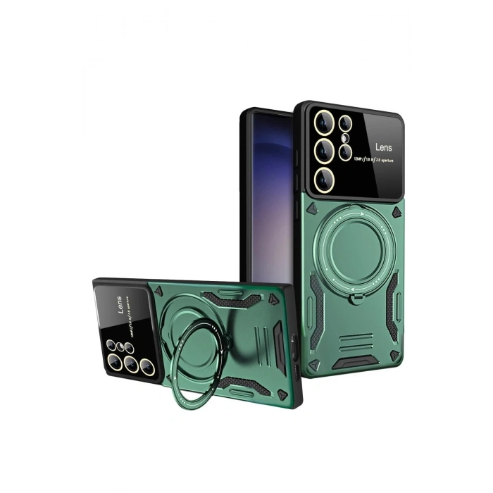 Mey İthalat®  Samsung Galaxy S24 Ultra Kılıf Joy Lens Standlı Kapak - Koyu Yeşil