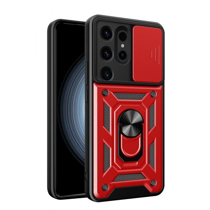Mey İthalat®  Samsung Galaxy S24 Ultra Kılıf Pars Lens Yüzüklü Silikon - Kırmızı