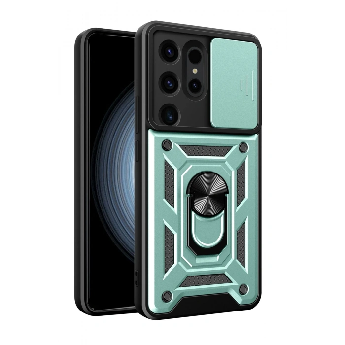 Mey İthalat®  Samsung Galaxy S24 Ultra Kılıf Pars Lens Yüzüklü Silikon - Yeşil