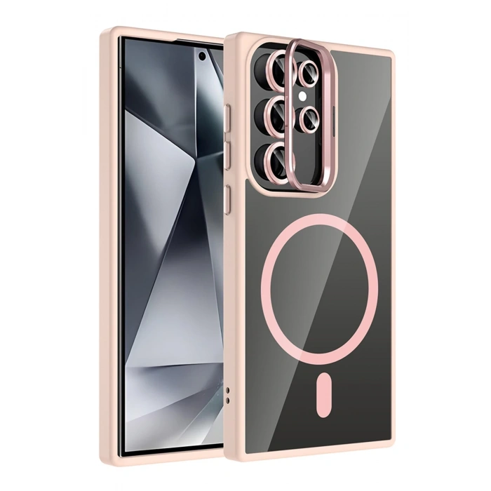 Mey İthalat®  Samsung Galaxy S25 Ultra Remim Lensli Magsafe Standlı Kapak - Pembe