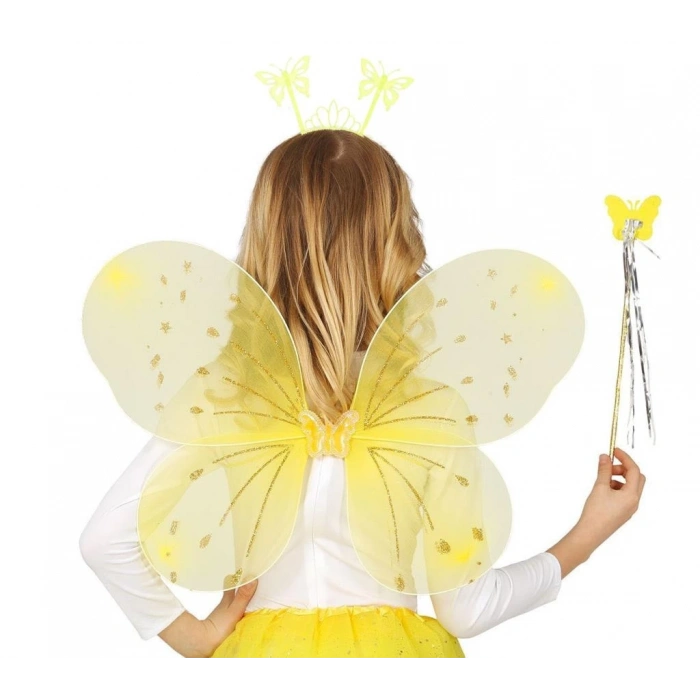 Mey İthalat® Sarı Kelebek Erkek-Kız Seti – 50 cm Kelebek Kanadı, Taç ve Asa