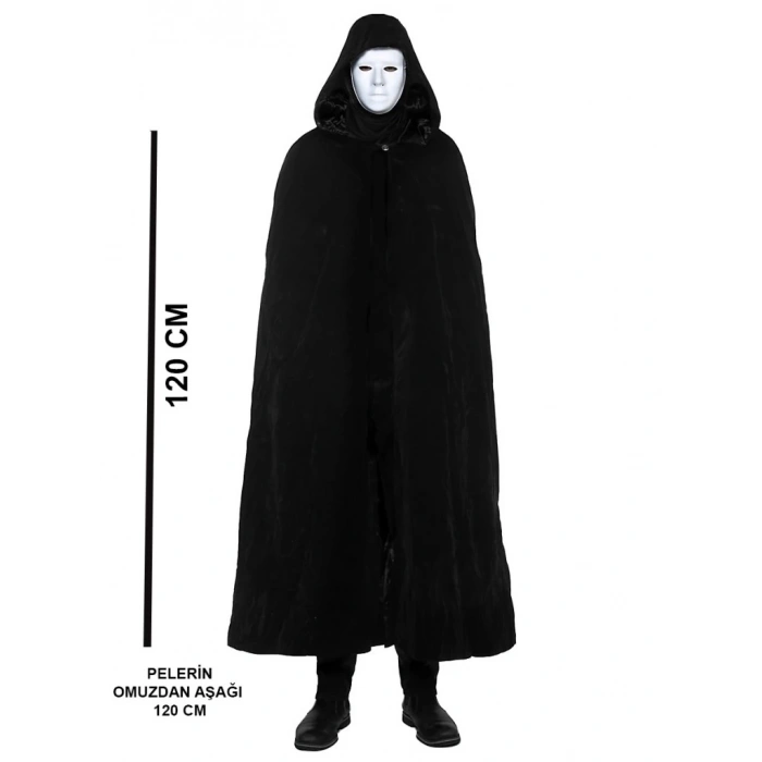 Mey İthalat® Siyah Kapüşonlu 120 cm Pelerin ve Beyaz Boyanabilir Tam Yüz Maske