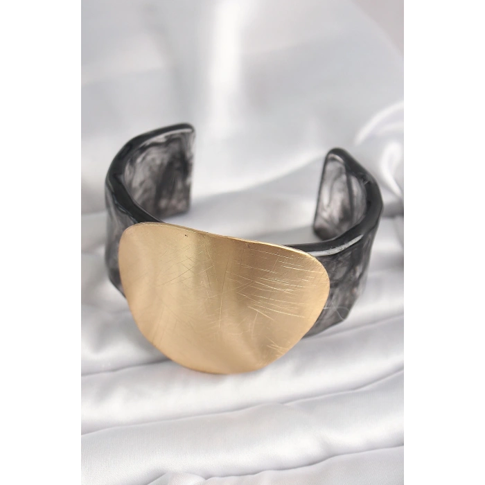 Mey İthalat® Siyah Mermer Desen Akrilik Plastik Gold Daire Plaka Model Vintage Kadın Bilezik