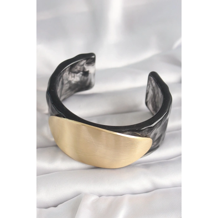 Mey İthalat® Siyah Mermer Desen Akrilik Plastik Gold Oval Plaka Model Vintage Kadın Bilezik
