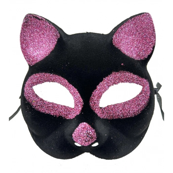 Mey İthalat® Siyah Renk Pembe Simli Süet Kedi Maskesi 18x14 cm