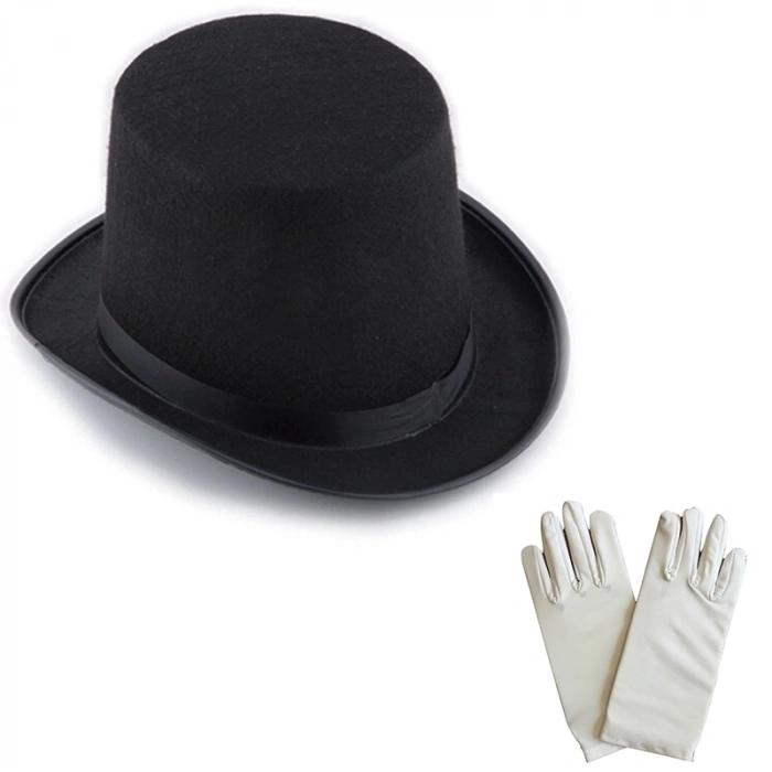 Mey İthalat®  Siyah Sihirbaz Fötr Şapka 15 cm - 1 Çift Beyaz Sihirbaz Eldiveni - Yetişkin Boy