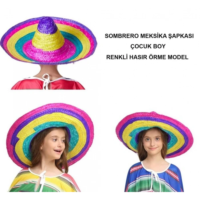 Mey İthalat®  Sombrero Meksikaa Şapkası Renkli Örme Hasır Çocuk Boy
