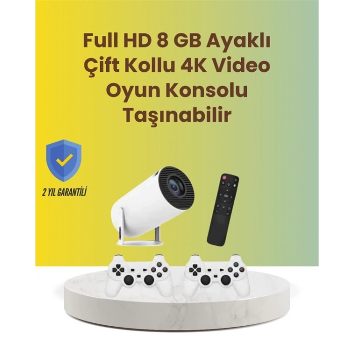 Mey İthalat® TÇift Kollu Tasarımlı Kablosuz Projeksiyon – 4K, 10.000 Oyun ve Smart App Desteği