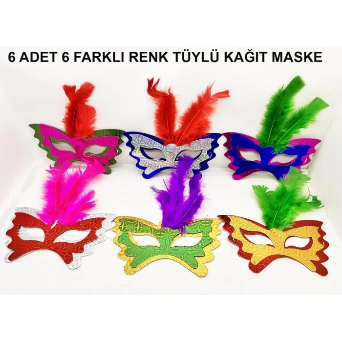 Mey İthalat® Tüylü Kağıt Parti Venedik Balo After Maskesi 6 Adet