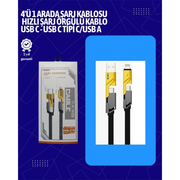 Mey İthalat® USB-C ve Lightning Uyumlu 4ü 1 Arada Kablo – 65W Hızlı Şarj, Örgülü Dayanıklı Yapı