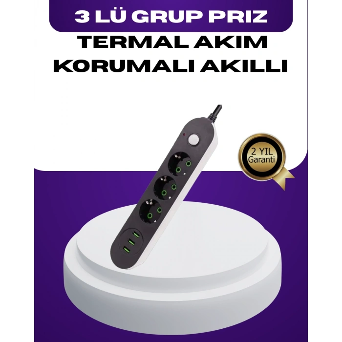 Mey İthalat® USB Yuvalı Anahtarlı Üçlü Priz 2 Metre Kablolu
