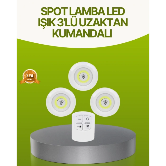Mey İthalat® Uzaktan Kumandalı 3 Lü Kablosuz Led Spot Lamba Seti Yapışkanlı Pratik Kullanım